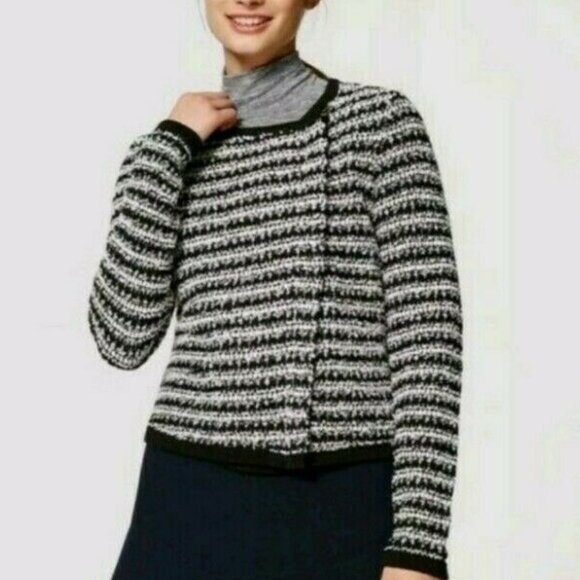 LOFT // black white striped tweed asymmetrical zipper knit zip up jacket M - Picture 1 of 6